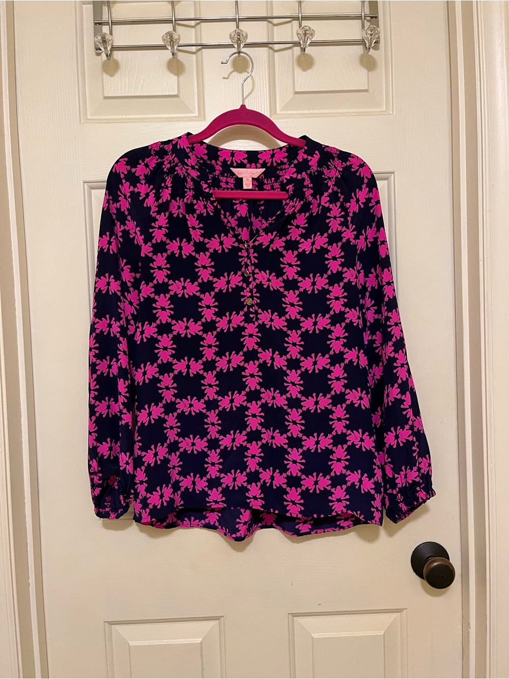 Lilly Pulitzer Navy & Hot Pink Floral Long-Sleeve Elsa Top